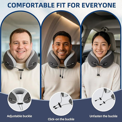 SKYTRAX COMF® Premium Ergonomic Memory Foam Travel Neck Pillow, Washable Cooling Ice Silk Cover, Firm Neck Support for Airplane Long Flights & Pain Relief, with Portable Carry Case (Grey)