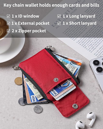 Minimalist Wallet For Mens Womens, Keychain RFID Blocking Zipper Small Wallet with ID Window 2 Lanyards,Water Resistant Travel Cash Card Coin Case Boys Girls