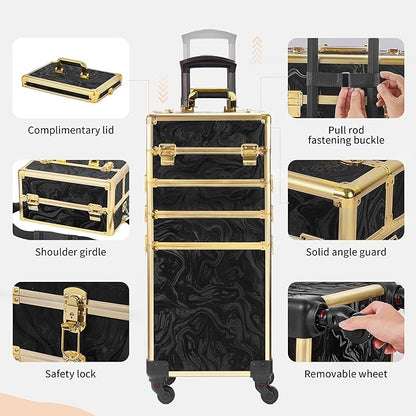 Rolling Makeup Case, Makeup Train Case with Lid, 5 in 1 Cosmetology Case on Wheels, Christmas Gift, Large Makeup Organizers, Profesional Cosmetic Case for Salon Barber, Pattern Black Gold
