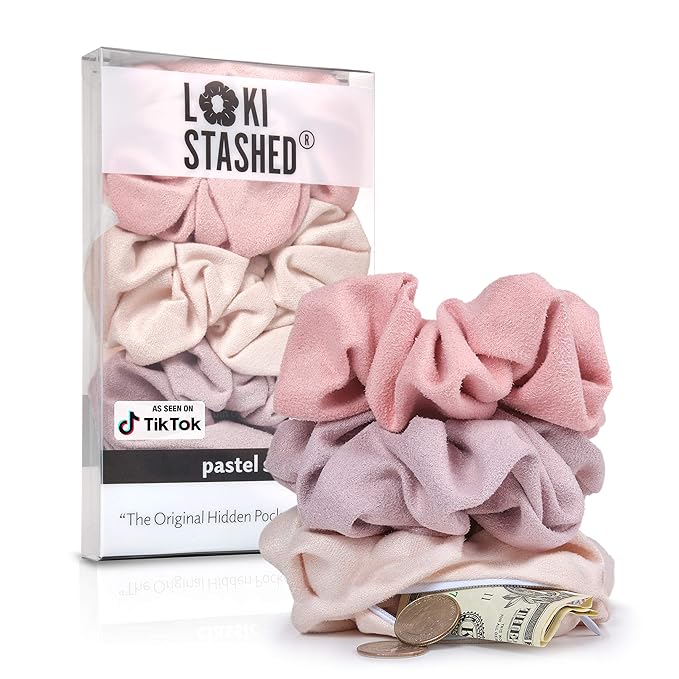 3-PACK Suede Hair Tie Scrunchies for VSCO Girls & Women, THE ORIGINAL HIDDEN POCKET SCRUNCHIE with Zipper Pocket Storage, Accessories, Small Items, Keys, Money (Pastel)