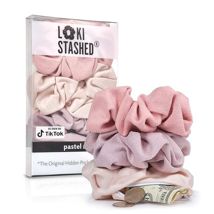 3-PACK Suede Hair Tie Scrunchies for VSCO Girls & Women, THE ORIGINAL HIDDEN POCKET SCRUNCHIE with Zipper Pocket Storage, Accessories, Small Items, Keys, Money (Pastel)
