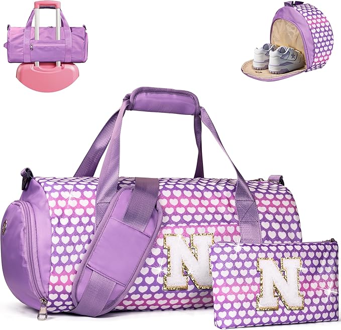 Gift for Grandkids, Girls Travel Duffel Bag, Kids Initial Overnight Bags with Shoe Compartment, Personalized Gym Ballet Dance Bag with Makeup Pouch, 3 4 5 6 7 Year Old Girl Gifts (Letter N)