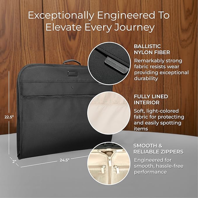 Briggs & Riley Classic Garment Bag for Hanging Clothes - Suit & Dress Travel Bag for Men & Women, Wrinkle Reducing Luggage for Shirts, Tuxedos, & Coats, Smooth Zipper - Baseline Collection, Black