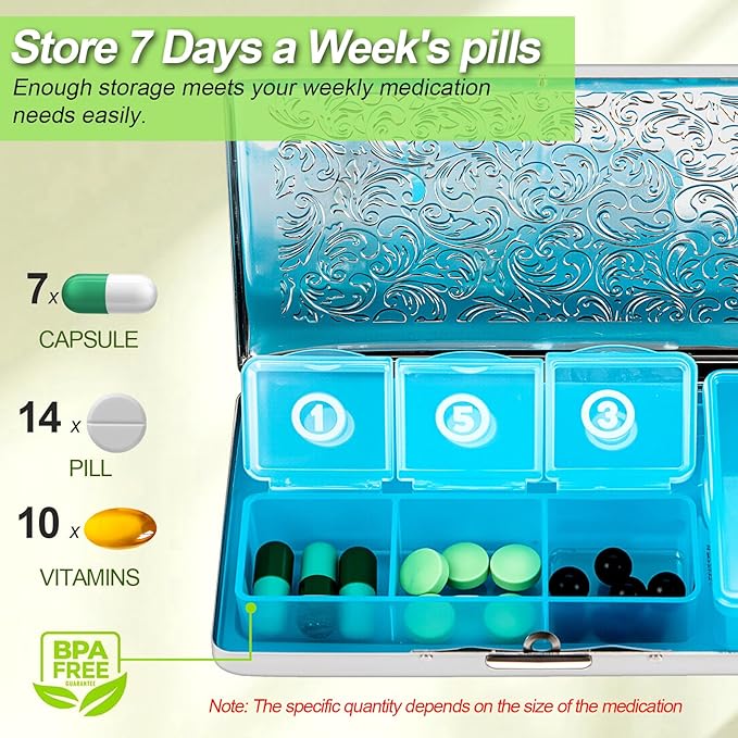 Pill Organizer, Pill Box 7 Day/Metal Travel Pill Case, BPA Free. (Silver)