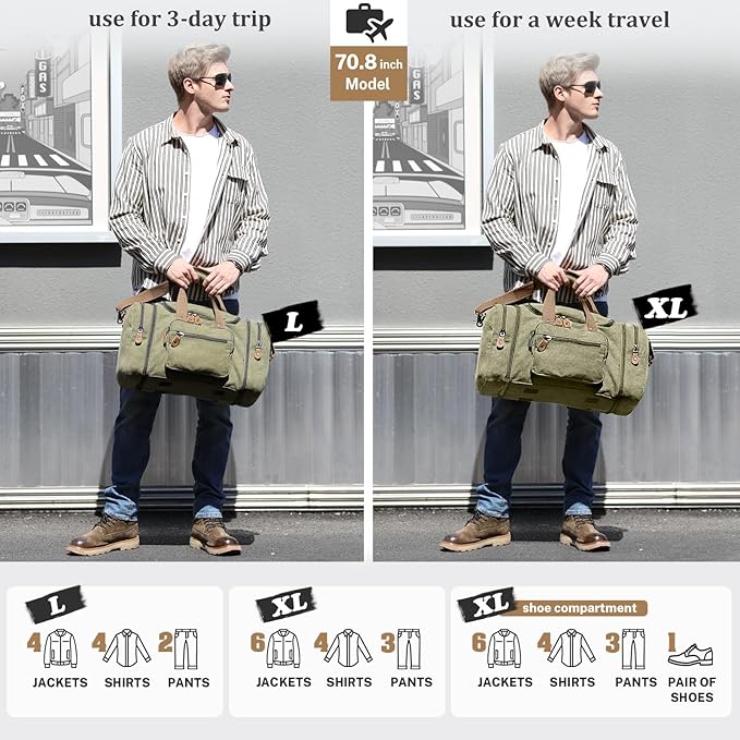 Gonex Canvas Duffle Bag for Travel 60L Duffel Overnight Weekender Bag (Army Green)