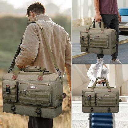 WITZMAN Duffle Bag for Men 50L Canvas Weekender Overnight Bag with Toiletry Bag Sets Travel Duffel Bag Shoes Compartment(A8010-2 Army Green)