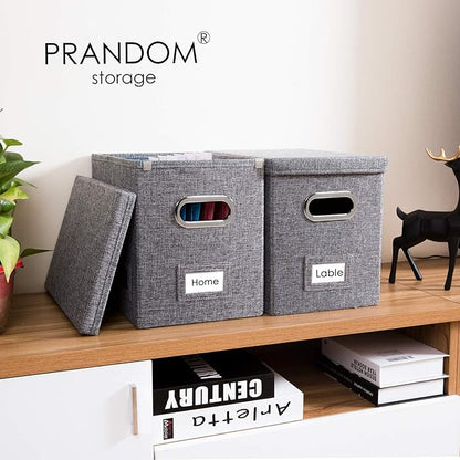 PRANDOM File Organizer Box - Set of 2 Collapsible Decorative Linen Filing Storage Hanging File Folders with Lids Office Cabinet Letter Size Grey (14x9.3x10.8 inch)