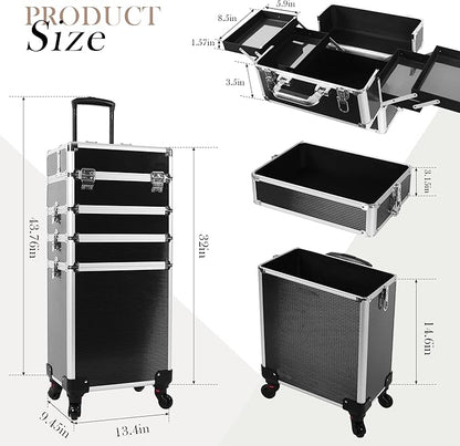 5 in 1 Professional Makeup Train Case Aluminum Cosmetic Case Rolling Makeup Case ExtraLarge Storage Organizer with Key Swivel Wheels Salon Barber Case for Make Up Nail Hairstylists, Black