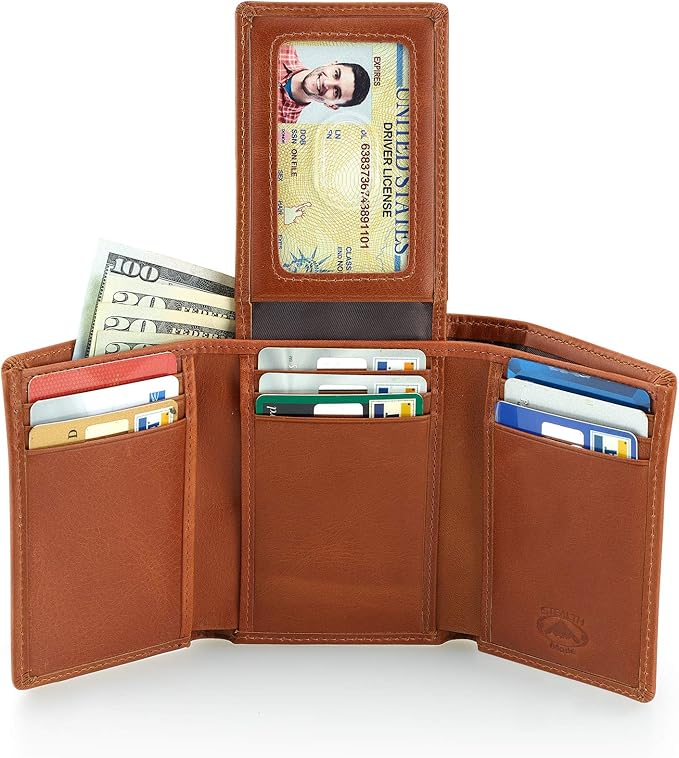 Stealth Mode Trifold Wallet - RFID Blocking Wallet with Flip ID Holder - Leather Case for Money, Credit Cards - Mens Organizer, Divided Billfold, Identity Protection - Men's Gifts (Light Brown)