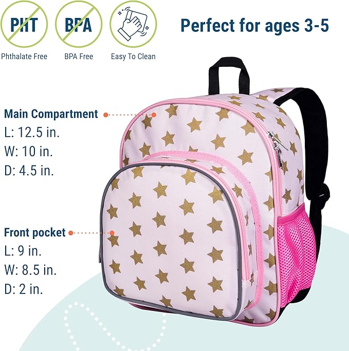 Wildkin 12-inch Kids Backpack – Padded, Adjustable, Ideal for Daycare & Travel - Pink and Gold Stars