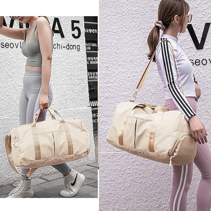 ZUEVI Sports Gym Bag for Men or Women Waterproof Weekender Travel Duffel Bag with Shoes Compartment Dry and Wet Separation for Training Swim Yoga (Beige)