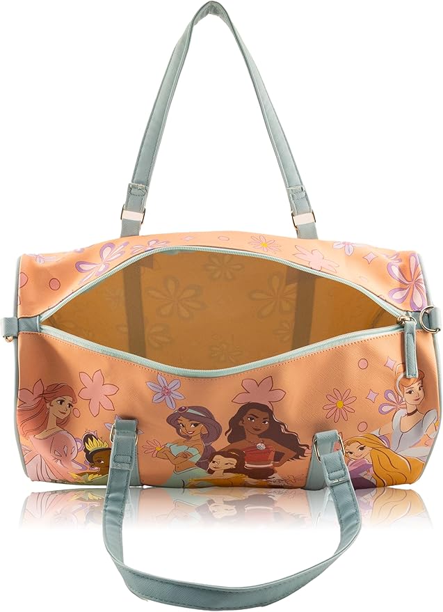 Disney Princess Mini Duffle Bag for Kids | Princess Travel Bag for Girls with Belle, Ariel, Tiana & More | Small Weekender Tote with Shoulder Strap | Ages 3+