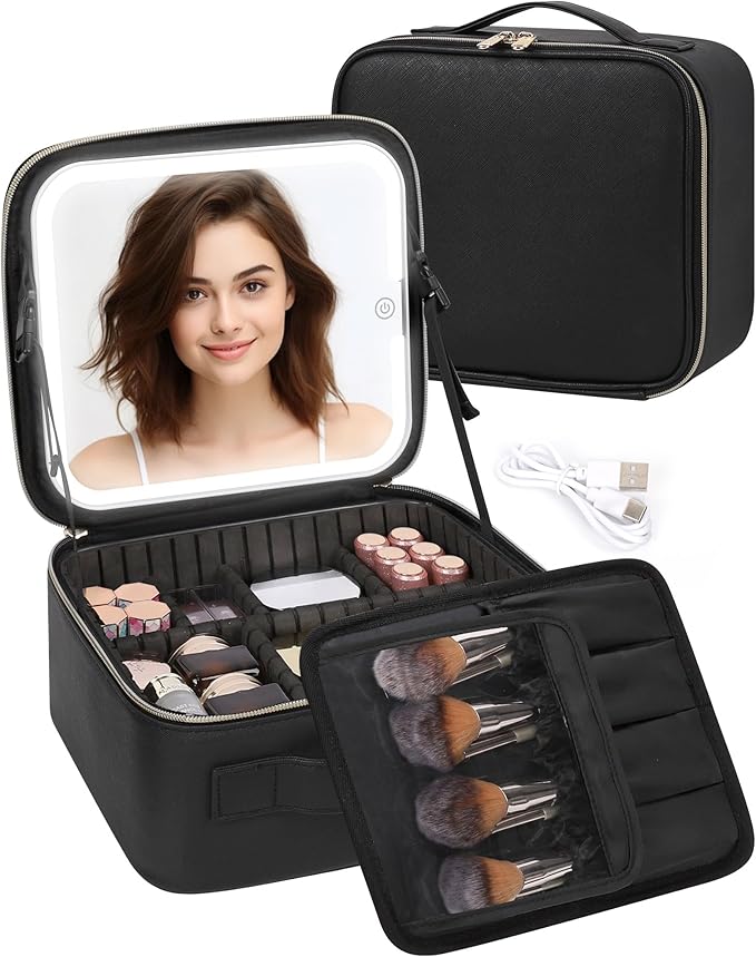 TANTO Makeup Bag With LED Mirror, Travel Makeup Case with Light up Mirror Large Cosmetic Case with 3 Color Lighted Portable Organizer Bag with Adjustable Dividers（Black）