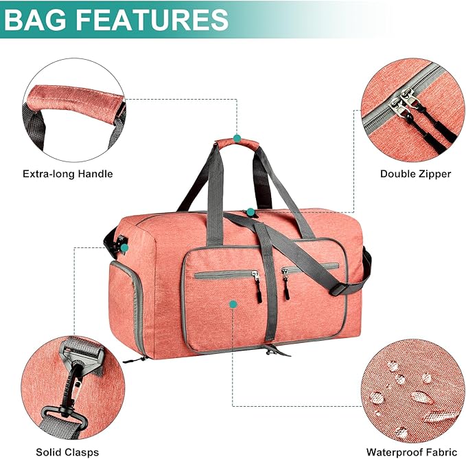 Dimayar 65L Travel Duffle Bag for Men Women - Foldable Duffel Bag with Shoes Compartment - Overnight Bags Waterproof & Tear Resistant(Orange)