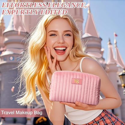Monogrammed Make Up Bags for Women,Personalized Cosmetic Bags Women,Small Quilted Makeup Pouch,Cute Makeup Bag Travel,Birthday Gifts for Teen Girl (Pink B)
