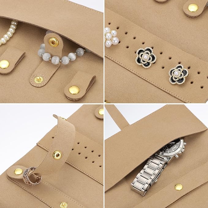 uxcell Travel Jewelry Bag Roll, Foldable Jewelry Travel Organizer with Tie Close Microfiber Jewelry Storage Roll Jewelry Case for Women Gift Necklaces Earrings Rings Bracelets, Khaki