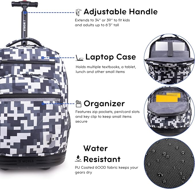 J World Sundance Laptop Rolling Backpack for Girls Boys. Roller Bookbag with Wheels, Camo