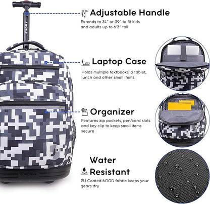 J World Sundance Laptop Rolling Backpack for Girls Boys. Roller Bookbag with Wheels, Camo