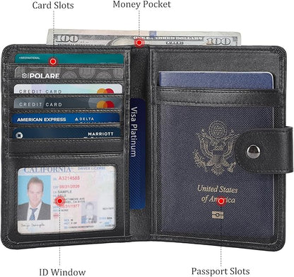 Polare Luxury RFID Blocking Leather Passport Holder Travel Wallet For Men and Women (Black with AirTag Slot(Snap Version))