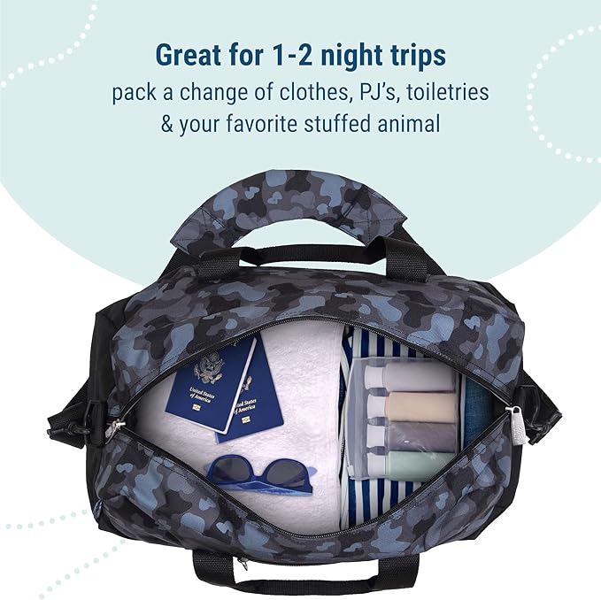 Wildkin Kids Overnighter Duffel Bag – Carry-On Size, Ideal for School & Sleepovers – Black Camo