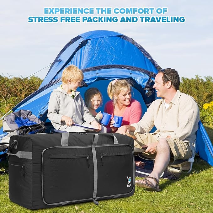 Bago Large Foldable Duffel Bags for Traveling Women & Men - 120L Packable Duffle Bag for Travel with Shoe Compartment - Water Repellant, Heavy Duty, Lightweight Folding & Collapsible (Black)