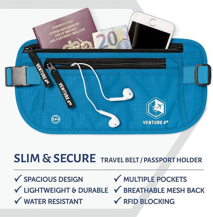 VENTURE 4TH Travel Money Belt - Slim Passport Holder RFID Blocking Travel Pouch to Protect Cash, Credit Cards and Travel Documents (Blue)