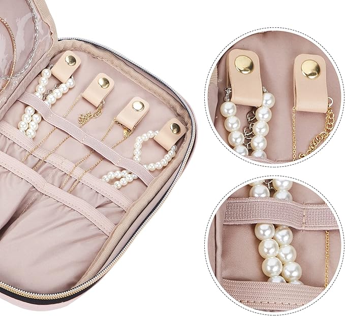 NISHEL Travel Jewelry Case, Holiday Organizer for Necklaces, Earrings, Rings, Bracelets, Watch, Pink