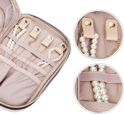 NISHEL Travel Jewelry Case, Holiday Organizer for Necklaces, Earrings, Rings, Bracelets, Watch, Pink