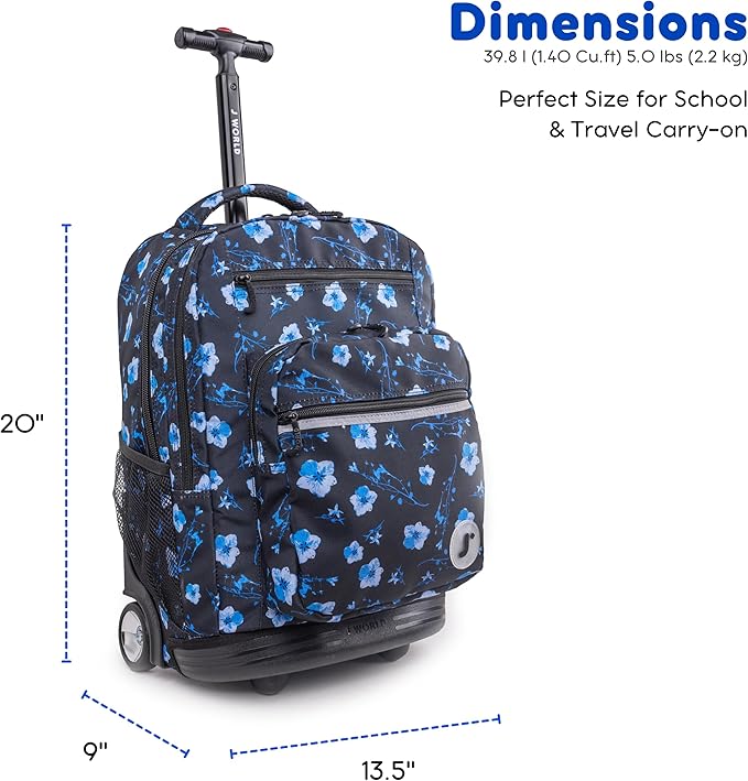 J World New York Sundance Rolling Backpack Girl Boy Roller Bookbag, Night Bloom, 20 X 13 X 9 (H X W X D), RBS-19 NIGHT BLOOM