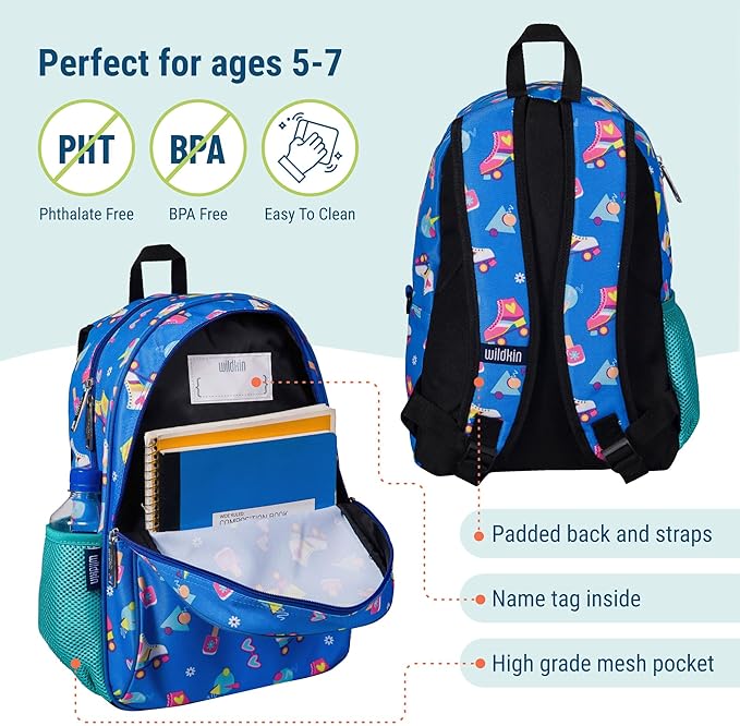Wildkin 15-inch Kids Backpack – Durable, Padded, Adjustable for School & Travel - Rad Roller Skates