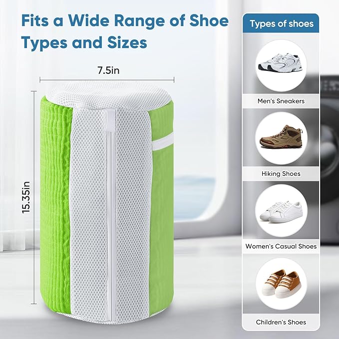 Shoe Washing Bag 2Pack - Reusable Shoe Laundry Bag with Mesh Socks Washer Machine Bag - 360°Deep Protective Cleaning Bags for Sneakers Delicate Footwear - Home Dorm Travel Essentials, Green