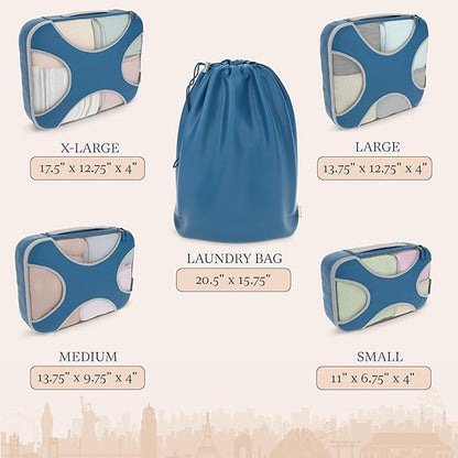 Shacke Premium 5 Packing Cubes Set - Lightweight Mesh Travel Luggage Organizers with Laundry Bag, 5-Piece Suitcase Storage System (Navy)