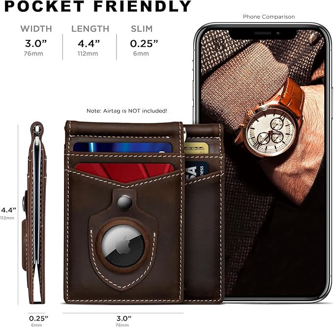 SERMAN BRANDS AirTag Wallet - RFID Blocking Mens Minimalist Money Clip Wallet for Airtag - Full Grain Leather - Slim Bifold. Front Pocket for Air tag Wallets for men. Gift (Texas Brown Air)