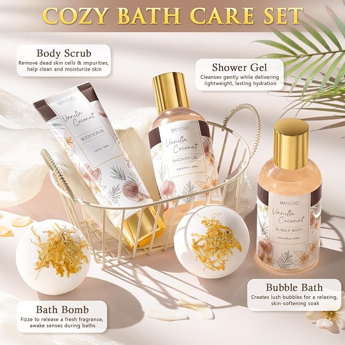 Christmas Birthday Gifts for Women, Vanilla Coconut Relaxing Spa Gift Baskets for Women Self Care Package Bath Gift Set, Home Bath and Body Kit Pampering Gifts for Womens Mom Her Friends Sister Wife