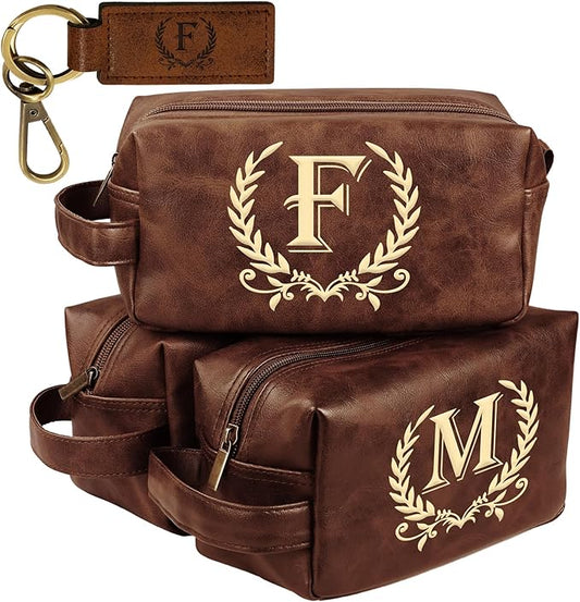 Engraved Letter Toiletry Bag Leather Waterproof Travel Kit, Personalized Gifts for Dad Husband Boyfriend - DarkBrown(F)