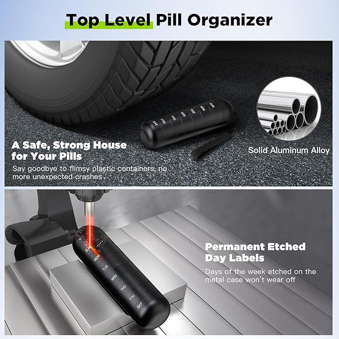 [2 Pack] Zannaki Metal Travel Pill Organizer, Portable Waterproof Weekly Pill Box, Large Aluminum Alloy Pill Case Container, BPA Free 7 Day Daily Medicine Organizer Holder for Vitamin, Supplement