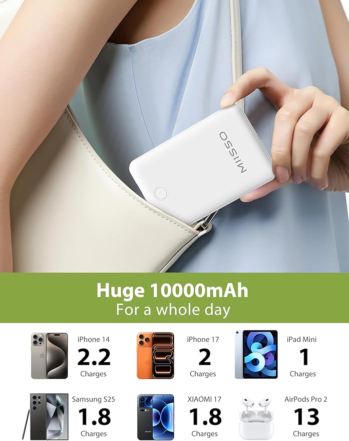 10000mAh Compatible with iPhone 15/16/17 and Android, Slim Portable Charger with Built in Cable, Power Bank Travel Charger External Battery Pack for Phone, 3 Output USB Type C, 2 Pack White & Purple