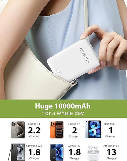 10000mAh Compatible with iPhone 15/16/17 and Android, Slim Portable Charger with Built in Cable, Power Bank Travel Charger External Battery Pack for Phone, 3 Output USB Type C, 2 Pack White & Purple