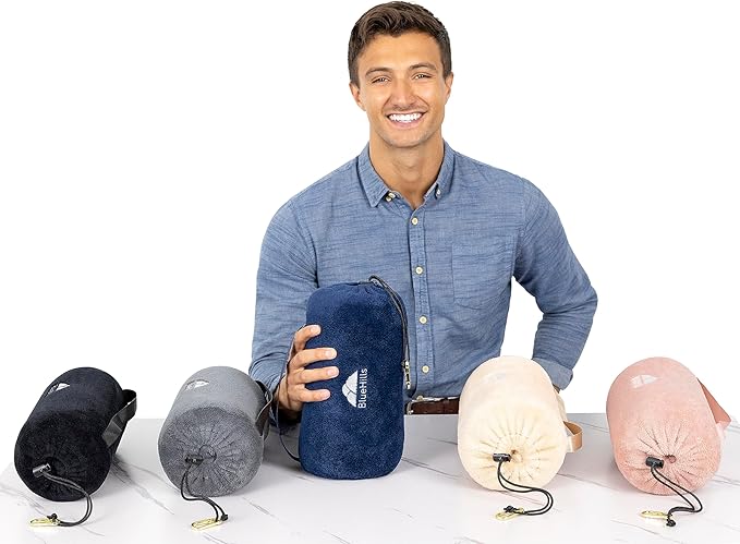 BlueHills Travel Blanket Pillow Rolled Premium Soft Plush Airplane Throw Traveling Essential Gift Compact in a Bag 70 X 48 inches Long Plane Flight Portable Lightweight Navy Blue R04