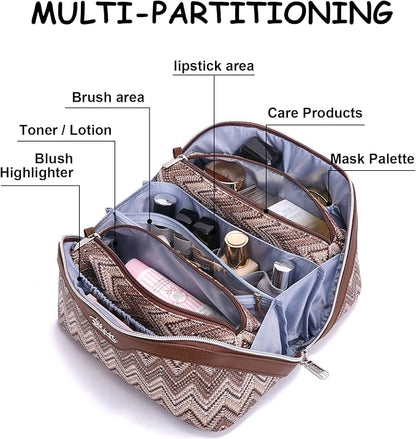BOYATU Travel Makeup Bag for Women: Western Boho Make up Bag Set of 3 - Large Capacity Vegan Leather Cosmetic Bag - Waterproof Toiletry Bag with Compartments & Handle & Divider(J-2-Brown)