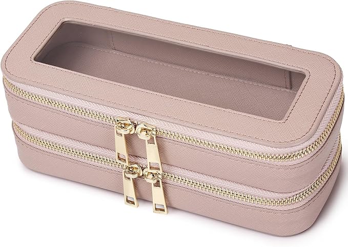 Pinkmik Double Layer Makeup Bag Makeup Brush Case Waterproof Travel Cosmetic & Toiletry Bag Purse Organizer and Car Essentials for Women (Pink, Double SLIM)