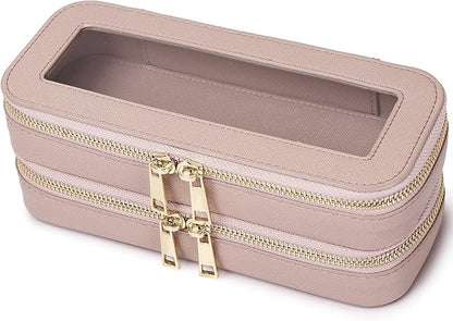 Pinkmik Double Layer Makeup Bag Makeup Brush Case Waterproof Travel Cosmetic & Toiletry Bag Purse Organizer and Car Essentials for Women (Pink, Double SLIM)