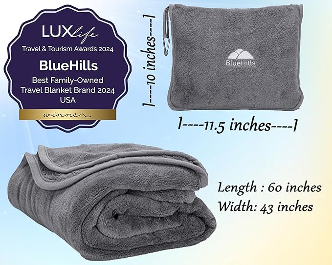BlueHills Premium Soft Travel Blanket Pillow Airplane Flight Blanket Throw Bag Pillowcase Compact Large 2 in 1 Combo Warm Traveling Plane Essentials Portable Gifts Lightweight Grey Gray T007