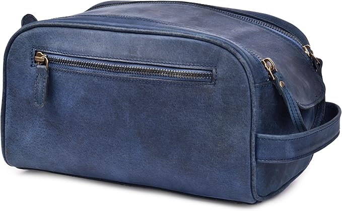 LEATHER VILLAGE Premium Leather Toiletry Travel Pouch With Waterproof Lining - Blue | King-Size Handcrafted Vintage Dopp Kit Bag, Shaving & Bathroom Organizer, Gift for Men & Women