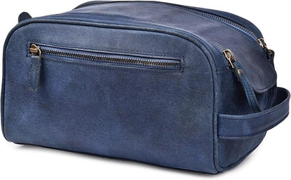 LEATHER VILLAGE Premium Leather Toiletry Travel Pouch With Waterproof Lining - Blue | King-Size Handcrafted Vintage Dopp Kit Bag, Shaving & Bathroom Organizer, Gift for Men & Women