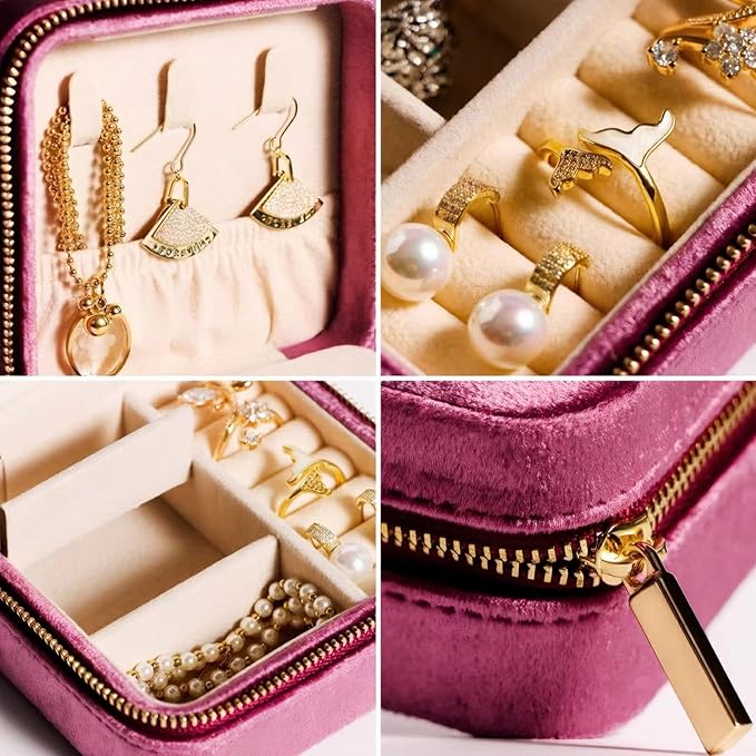 Velvet Jewelry Box, Small Travel Jewelry Organizer, Portable Jewelry Case for Women with Mirror, Lilac Mini Plush Travel Box