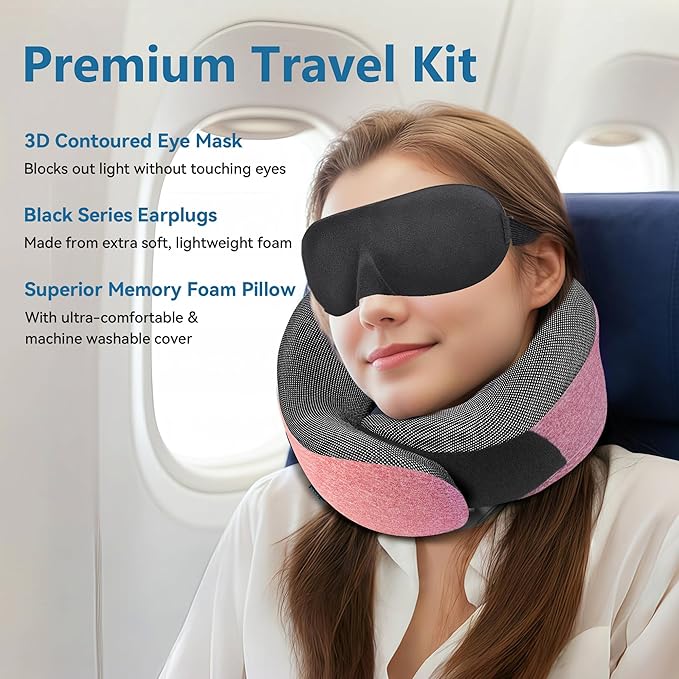 Proglobe Pink Airplane Travel Pillow Set, 100% Pure Memory Foam Neck Pillow, Updated Material, Long Flight Travel Kit with 3D Contoured Eye Masks, Earplugs, and Luxury Bag