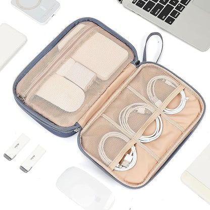 NISHEL Travel Cord Organizer Case, Double Layers Tech Electronic Bag, Essentials for Charger, Cable, Phone, Flash drive, Large, Aegean-Blue