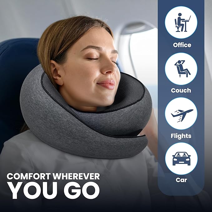 Upgraded Memory Foam Travel Neck Pillow for Airplane – New Ergonomic Wrap-Around Design with Adjustable Strap, Washable Cover, Carry Bag & Sleep Mask – Premium Travel Essentials for Men & Women