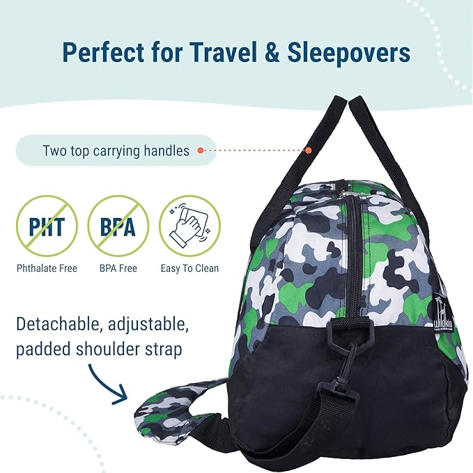 Wildkin Kids Overnighter Duffel Bag – Carry-On Size, Ideal for School & Sleepovers – Green Camo